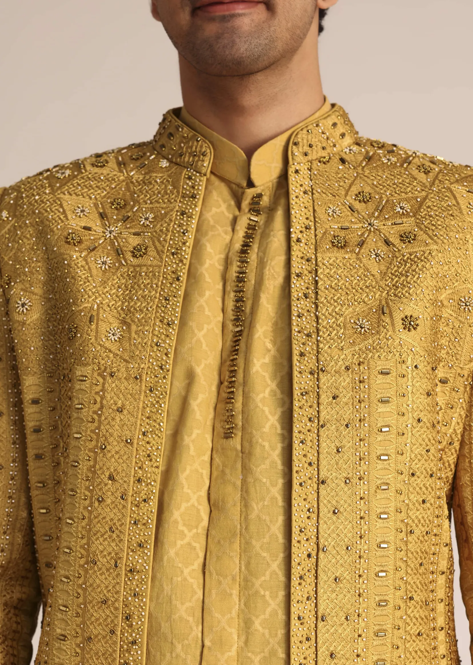 Yellow Silk Zardosi Indowestern Set