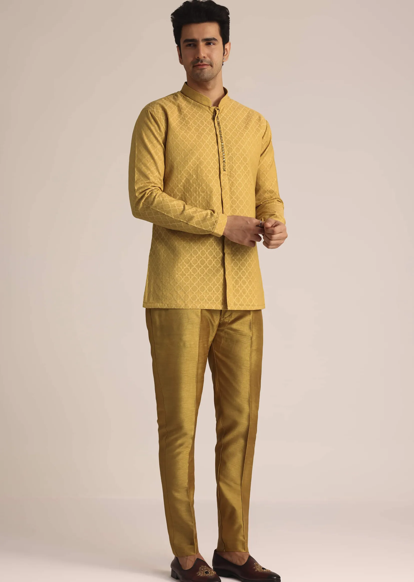 Yellow Silk Zardosi Indowestern Set