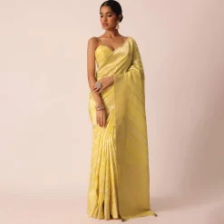Yellow Striped Tissue Silk Saree with Unstitched Blouse Piece