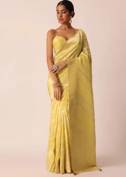 Yellow Striped Tissue Silk Saree with Unstitched Blouse Piece