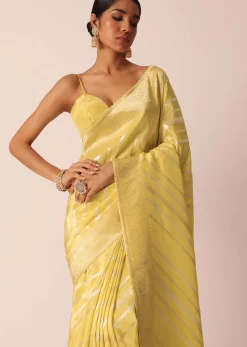 Yellow Striped Tissue Silk Saree with Unstitched Blouse Piece