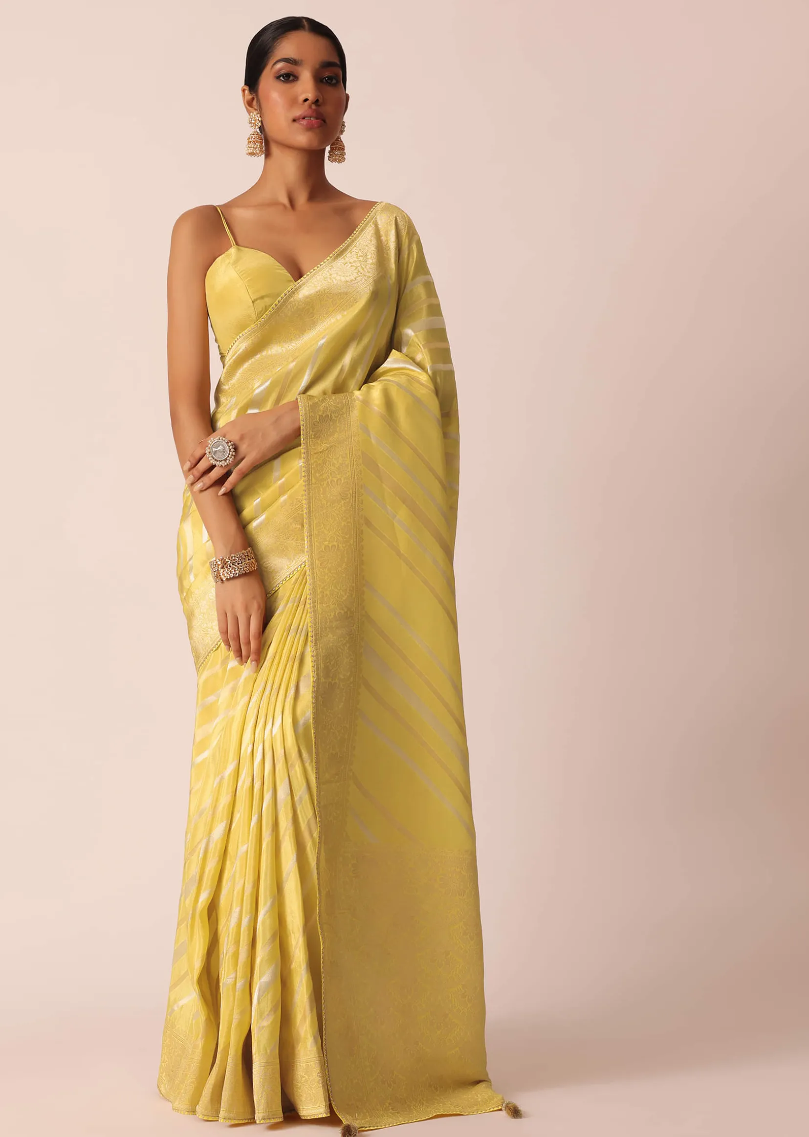 Yellow Striped Tissue Silk Saree with Unstitched Blouse Piece