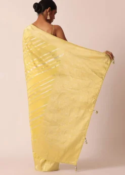 Yellow Striped Tissue Silk Saree with Unstitched Blouse Piece