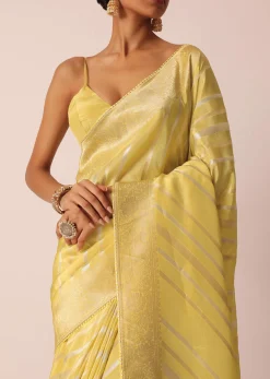Yellow Striped Tissue Silk Saree with Unstitched Blouse Piece