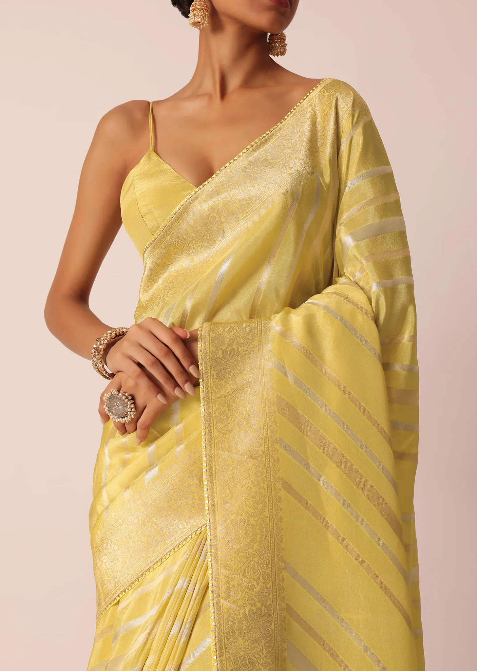 Yellow Striped Tissue Silk Saree with Unstitched Blouse Piece