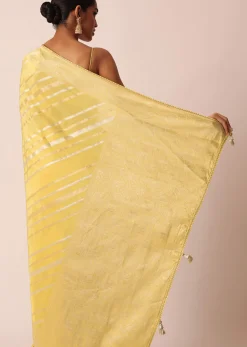 Yellow Striped Tissue Silk Saree with Unstitched Blouse Piece