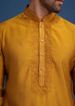 Yellow Thread Hand Embroidered Kurta Set