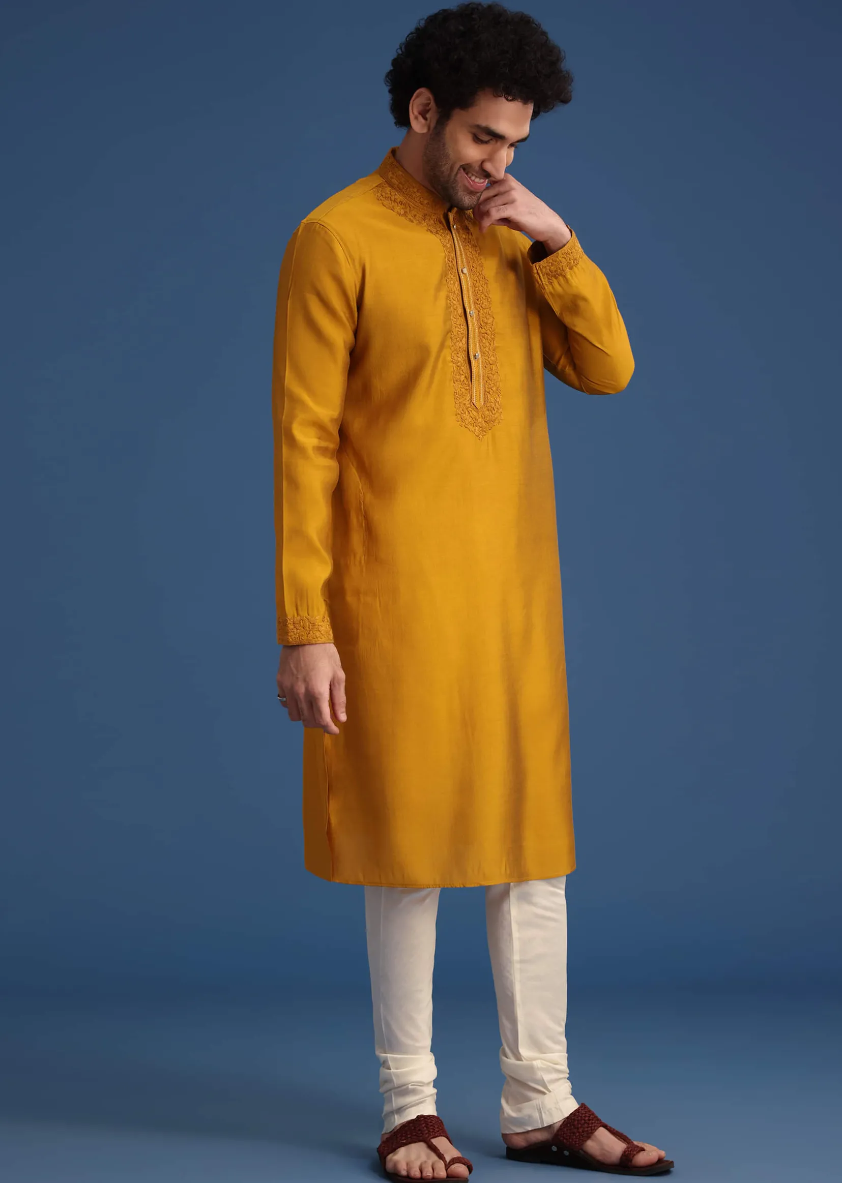 Yellow Thread Hand Embroidered Kurta Set