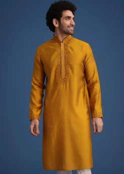 Yellow Thread Hand Embroidered Kurta Set