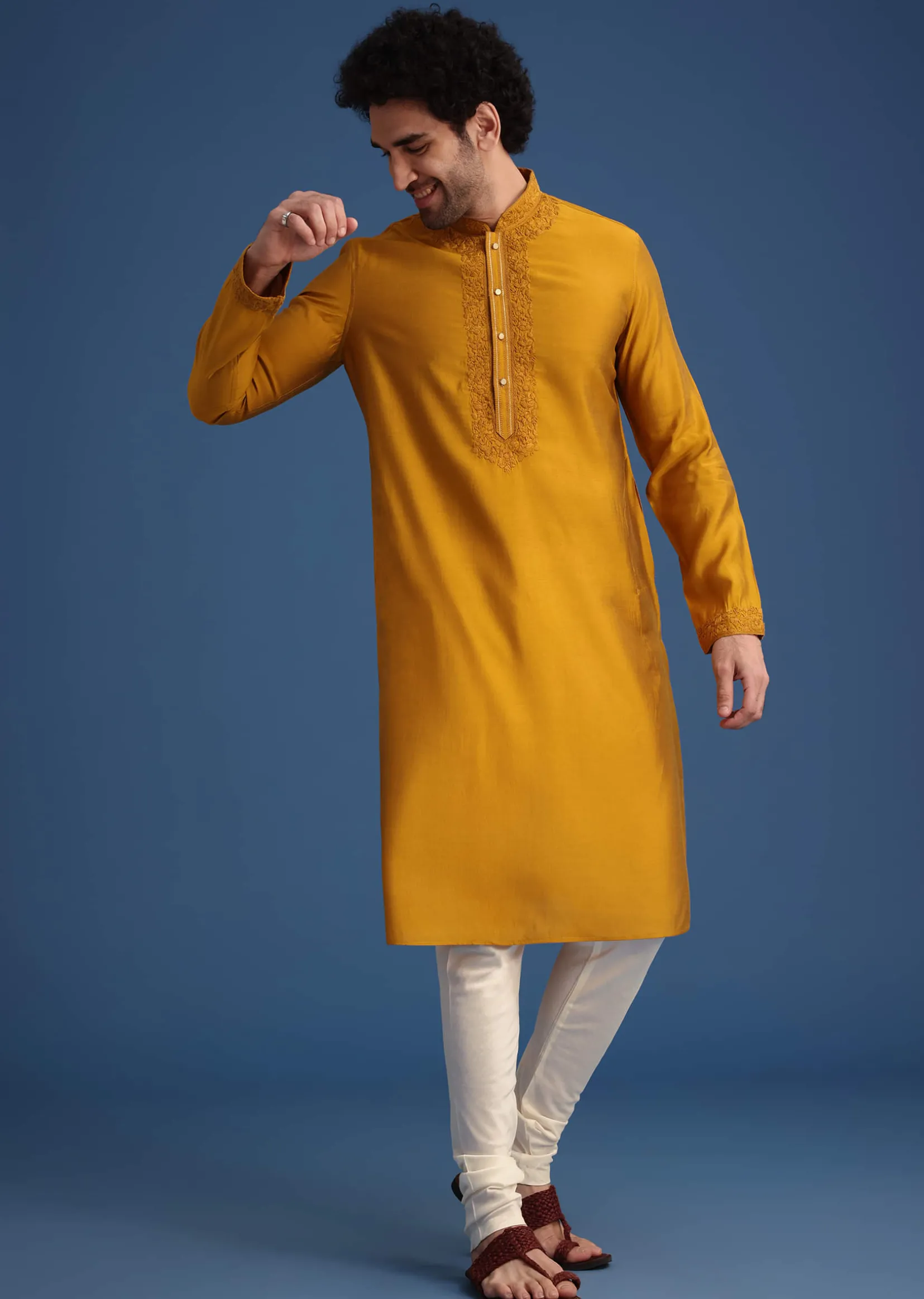 Yellow Thread Hand Embroidered Kurta Set