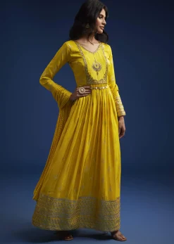 Yellow Tissue Anarkali Set With Gotta Work