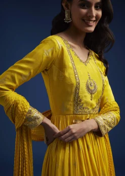 Yellow Tissue Anarkali Set With Gotta Work
