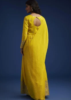Yellow Tissue Anarkali Set With Gotta Work