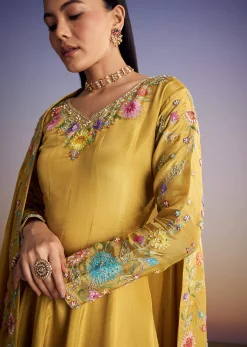 Yellow Tissue Anarkali Set With Resham And Moti Work