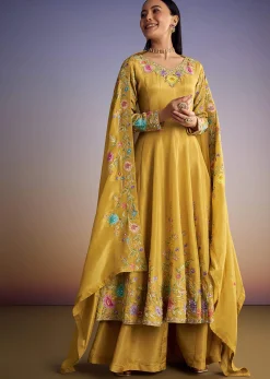 Yellow Tissue Anarkali Set With Resham And Moti Work