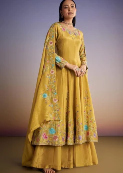 Yellow Tissue Anarkali Set With Resham And Moti Work