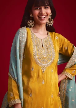 Yellow Tissue Embroidered Kurta Palazzo With Zari Border Dupatta