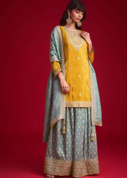 Yellow Tissue Embroidered Kurta Palazzo With Zari Border Dupatta