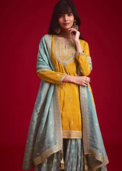 Yellow Tissue Embroidered Kurta Palazzo With Zari Border Dupatta