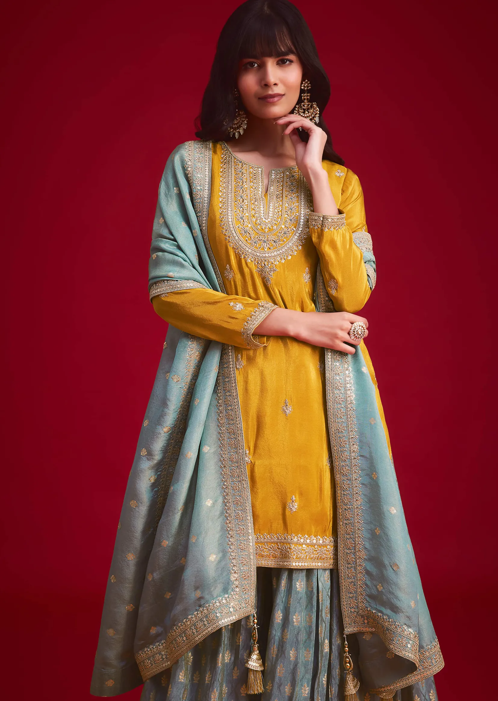 Yellow Tissue Embroidered Kurta Palazzo With Zari Border Dupatta