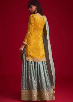 Yellow Tissue Embroidered Kurta Palazzo With Zari Border Dupatta