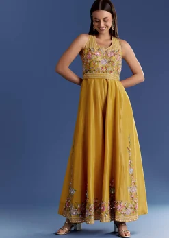 Yellow Tissue Jumpsuit With Moti And Cutdana Belt