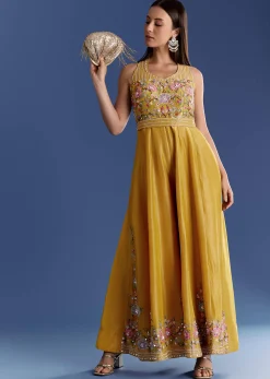 Yellow Tissue Jumpsuit With Moti And Cutdana Belt