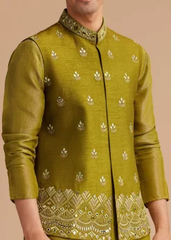 Yellow Tissue Kurta Jacket Set With Resham And Mirror Embroidery