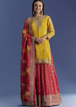 Yellow Tissue Kurta Set With Zari Palazzo And Floral Dupatta