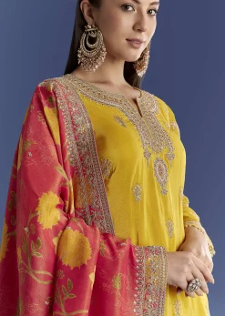 Yellow Tissue Kurta Set With Zari Palazzo And Floral Dupatta