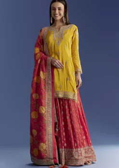 Yellow Tissue Kurta Set With Zari Palazzo And Floral Dupatta