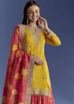 Yellow Tissue Kurta Set With Zari Palazzo And Floral Dupatta