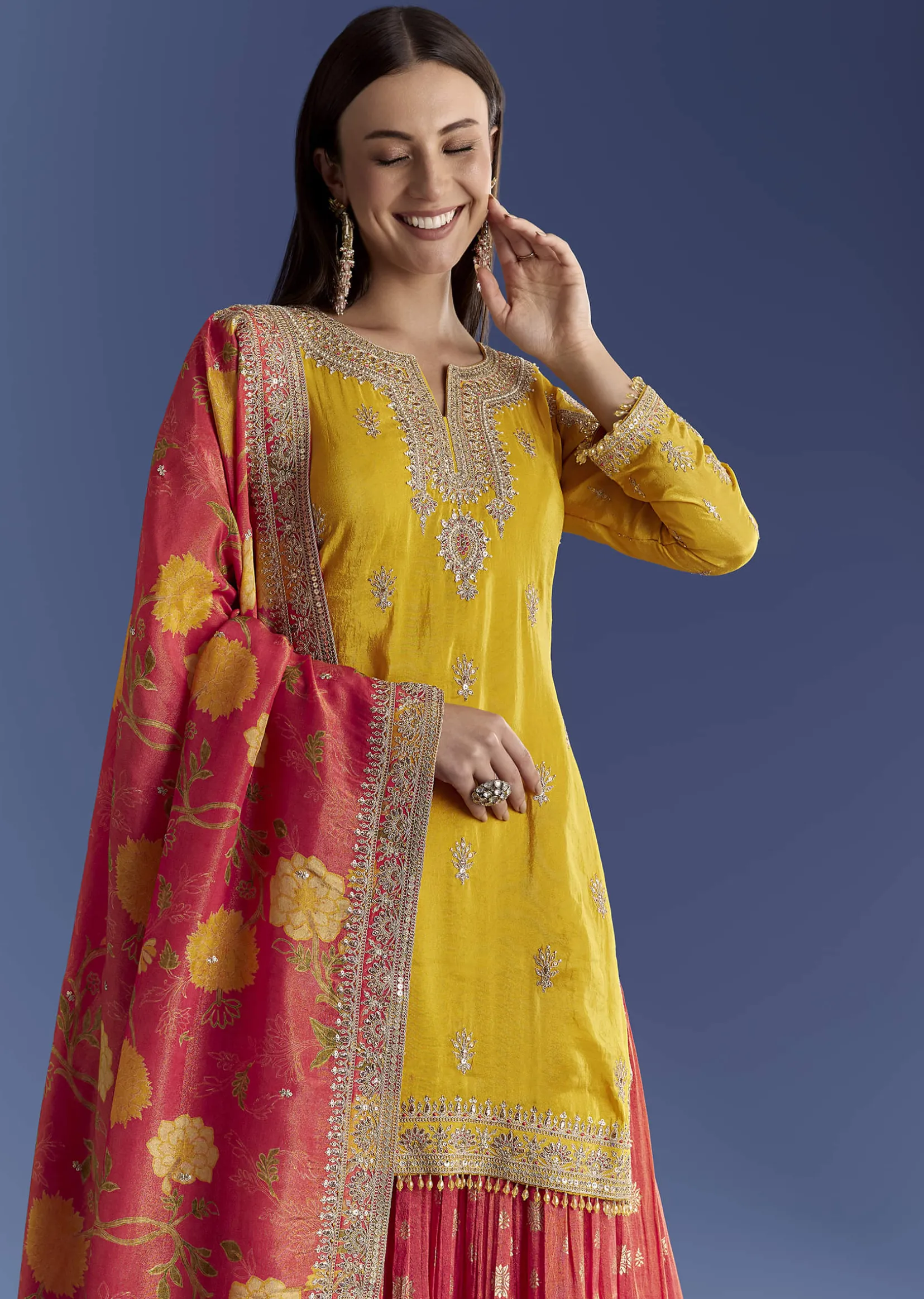 Yellow Tissue Kurta Set With Zari Palazzo And Floral Dupatta