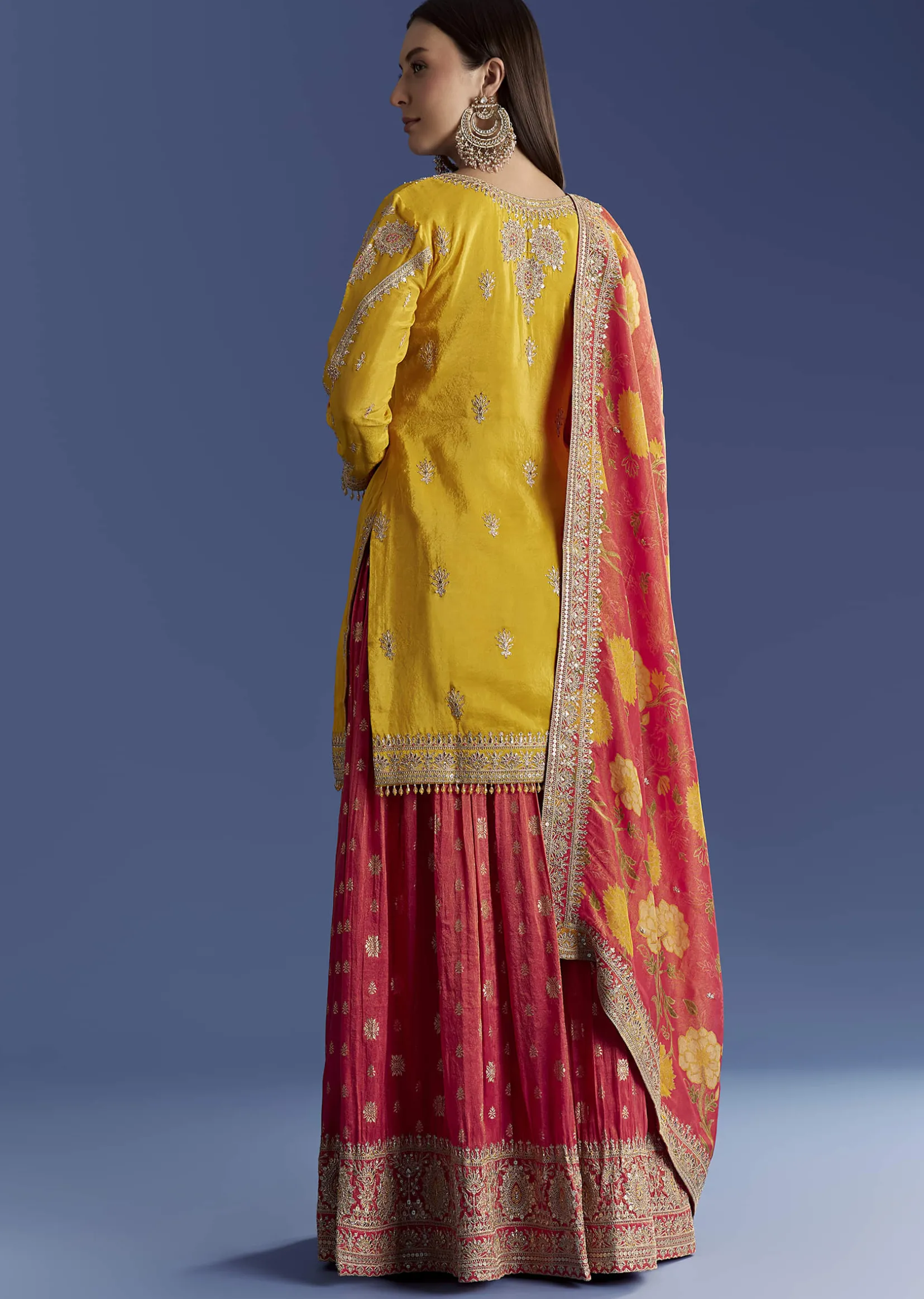 Yellow Tissue Kurta Set With Zari Palazzo And Floral Dupatta