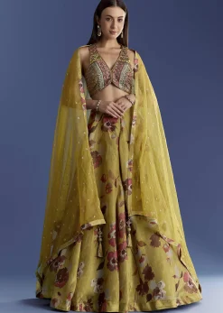 Yellow Tissue Lehenga Set With Zardosi Choli And Sequins Dupatta