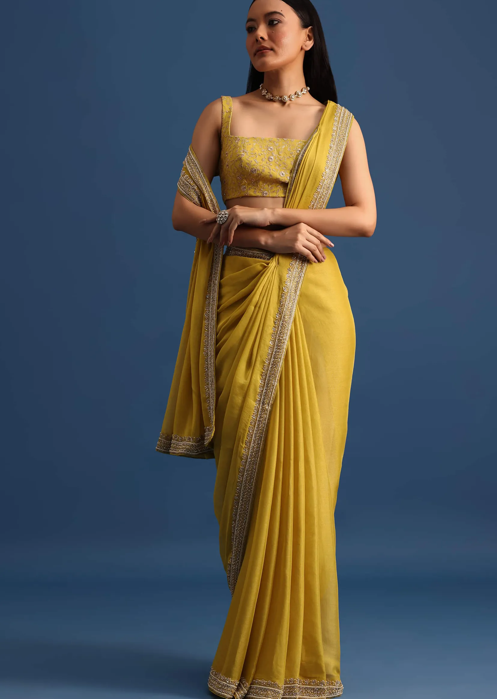 Yellow Tissue Organza Saree With Embroidered Border And Unstitched Blouse