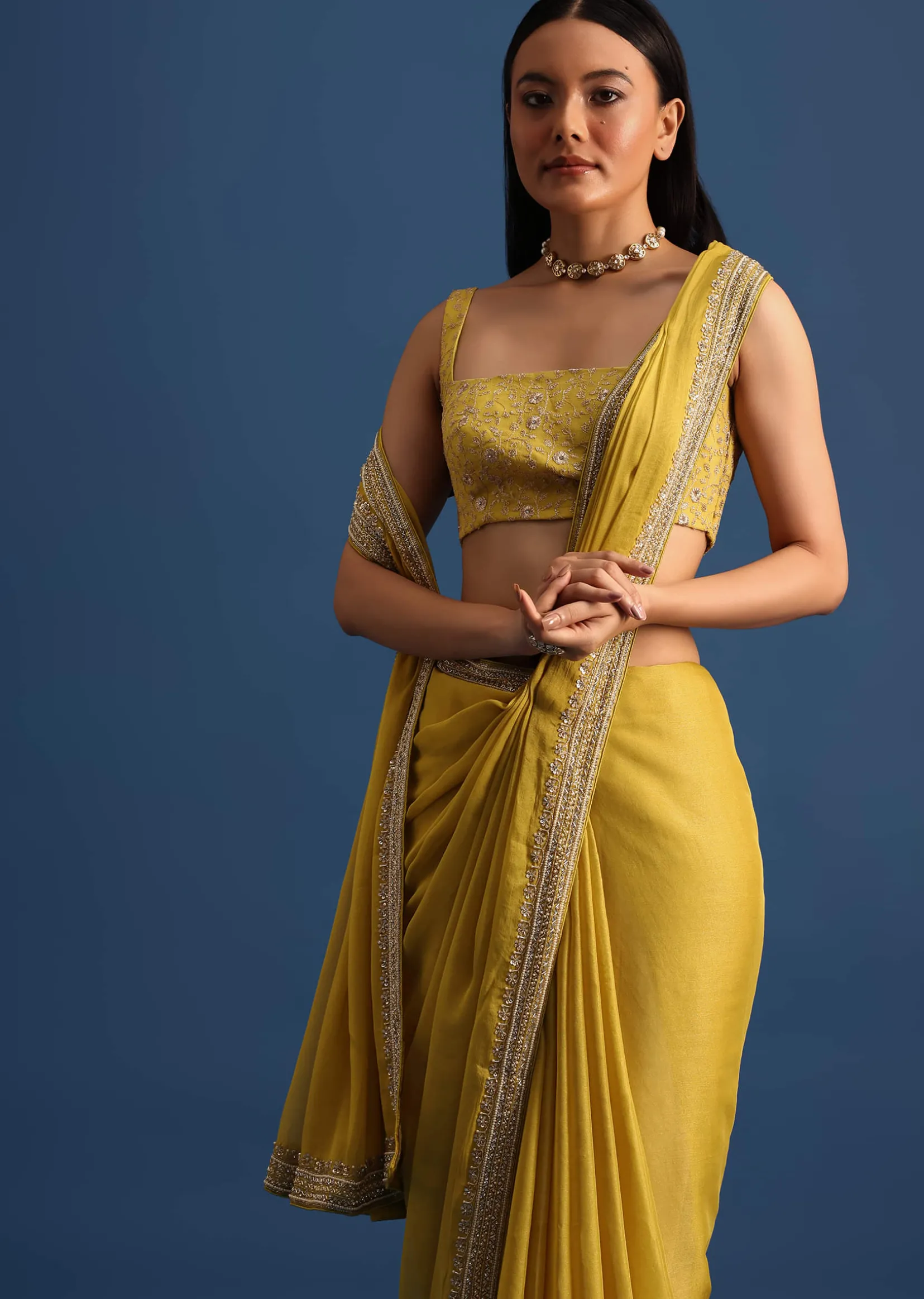 Yellow Tissue Organza Saree With Embroidered Border And Unstitched Blouse
