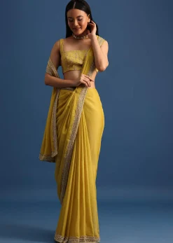 Yellow Tissue Organza Saree With Embroidered Border And Unstitched Blouse