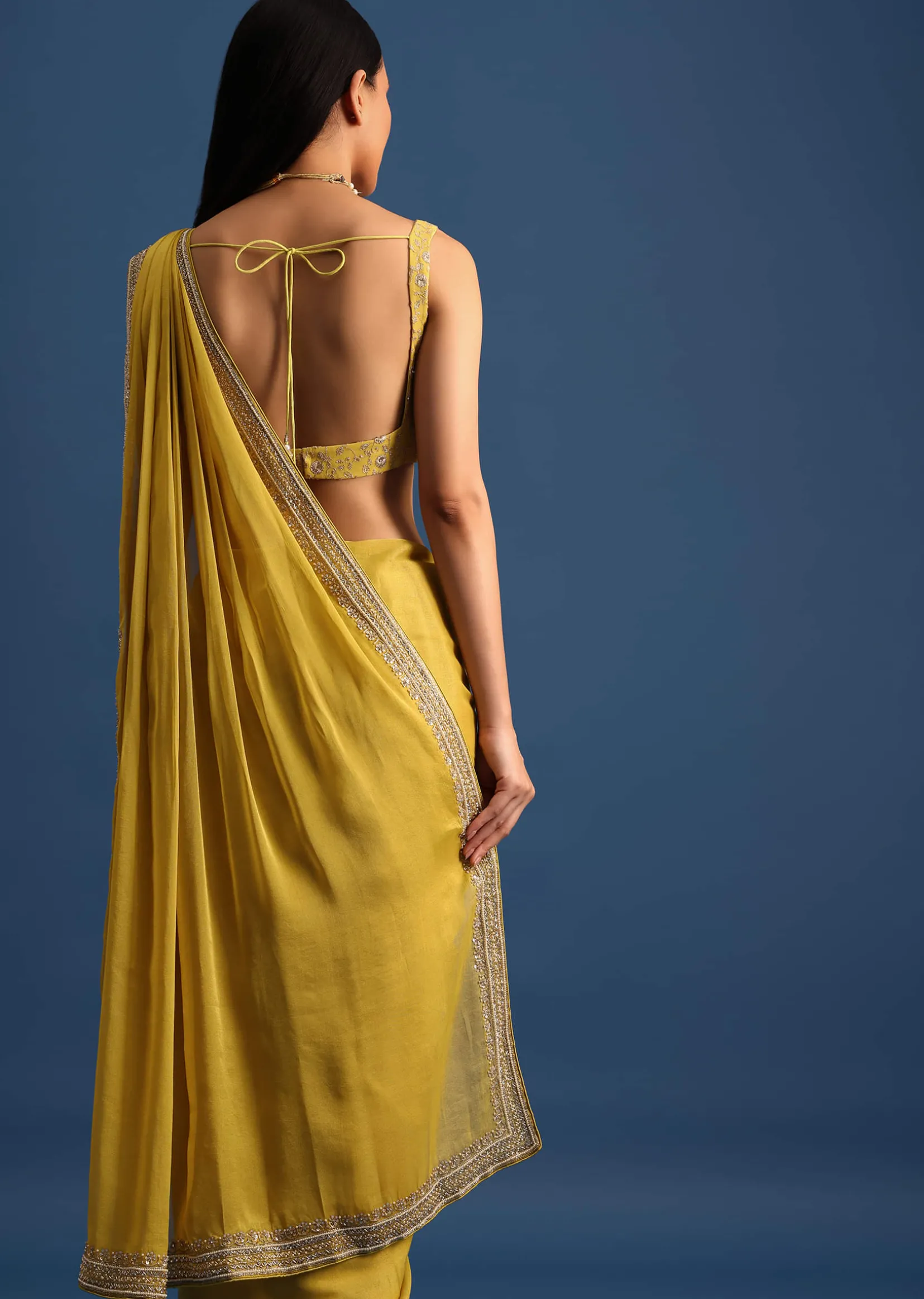 Yellow Tissue Organza Saree With Embroidered Border And Unstitched Blouse