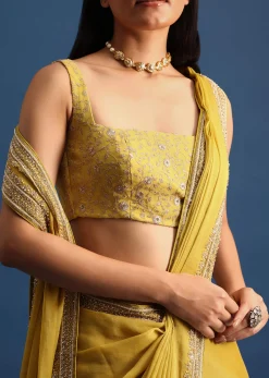 Yellow Tissue Organza Saree With Embroidered Border And Unstitched Blouse