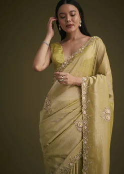 Yellow Tissue Saree With Floral Embroidery