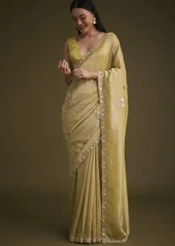 Yellow Tissue Saree With Floral Embroidery