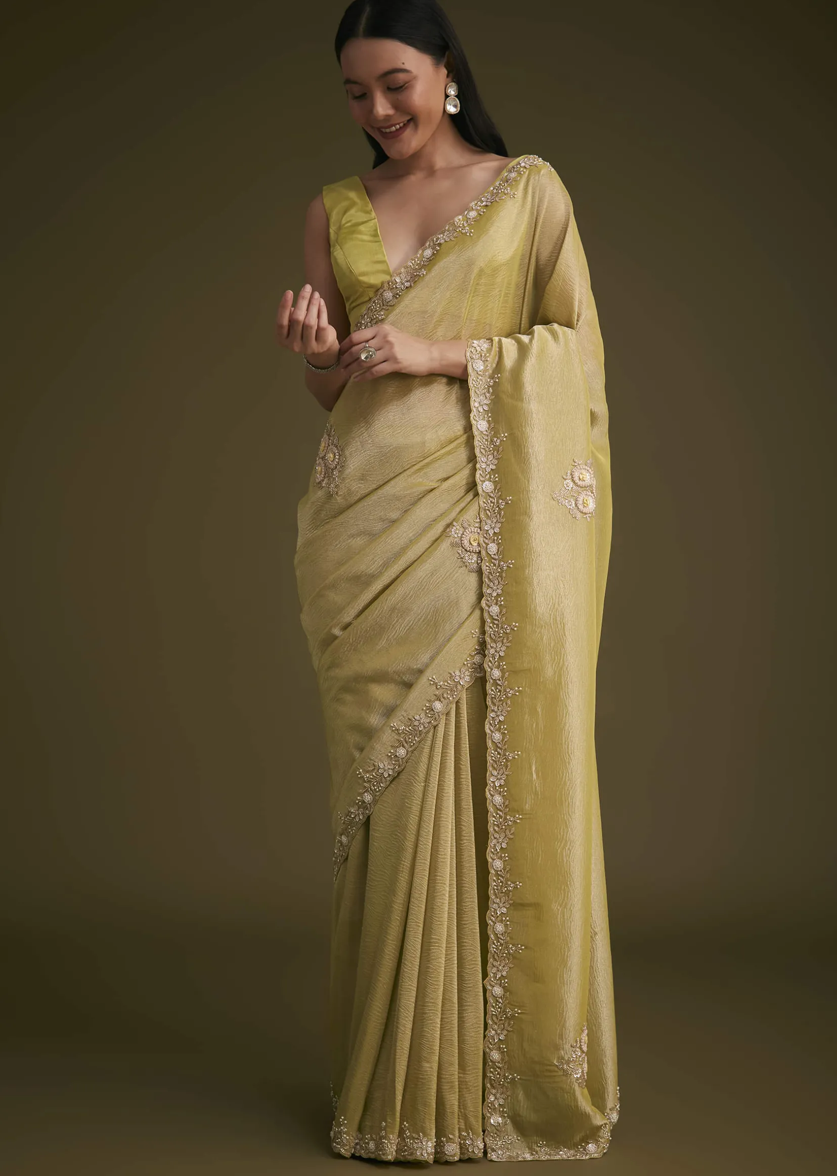 Yellow Tissue Saree With Floral Embroidery
