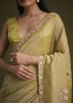 Yellow Tissue Saree With Floral Embroidery
