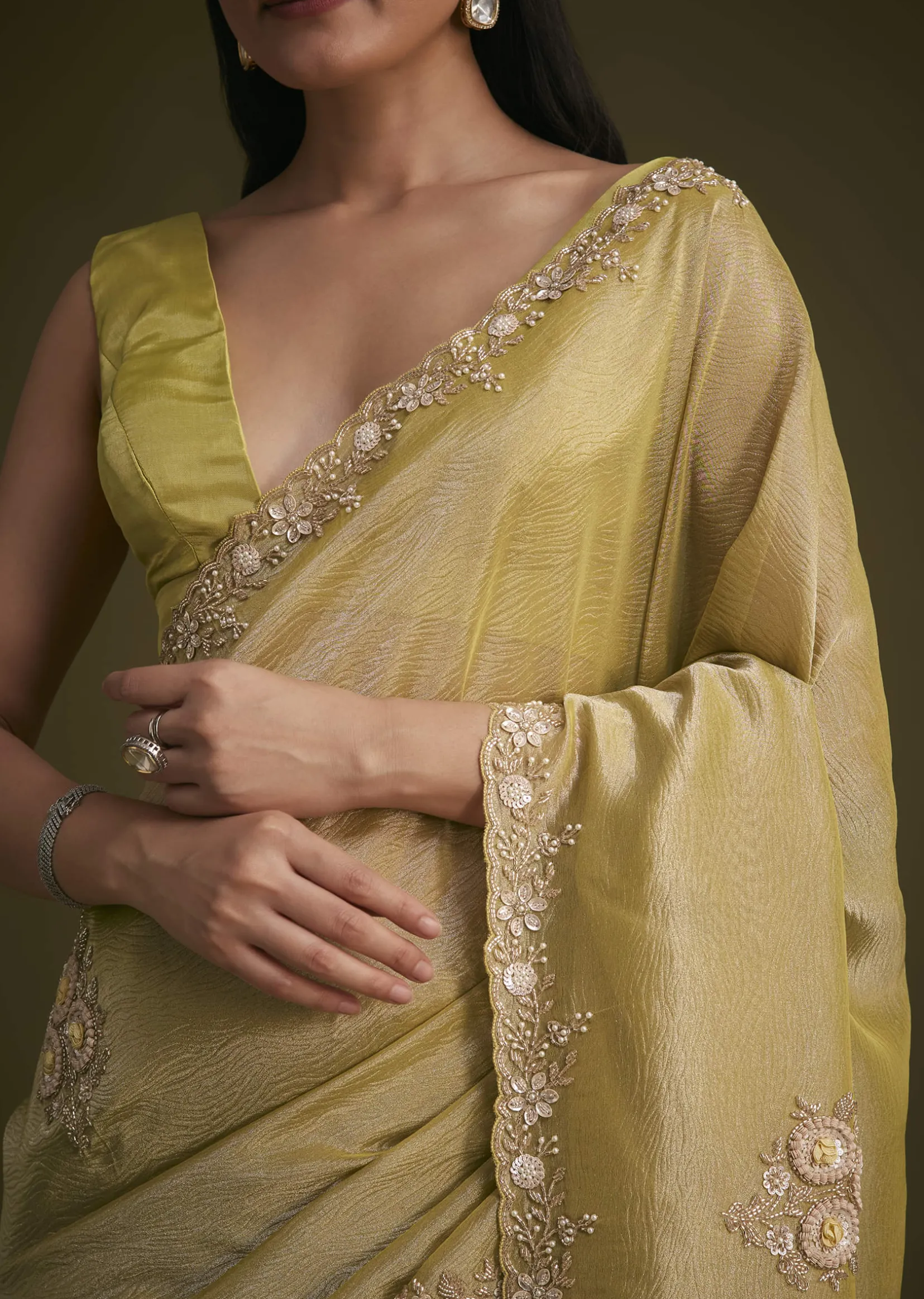 Yellow Tissue Saree With Floral Embroidery