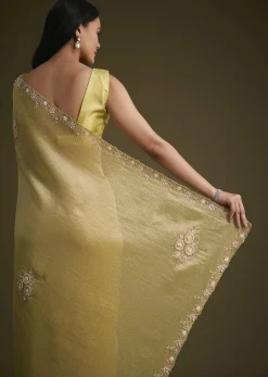 Yellow Tissue Saree With Floral Embroidery