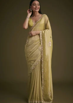 Yellow Tissue Saree With Floral Embroidery