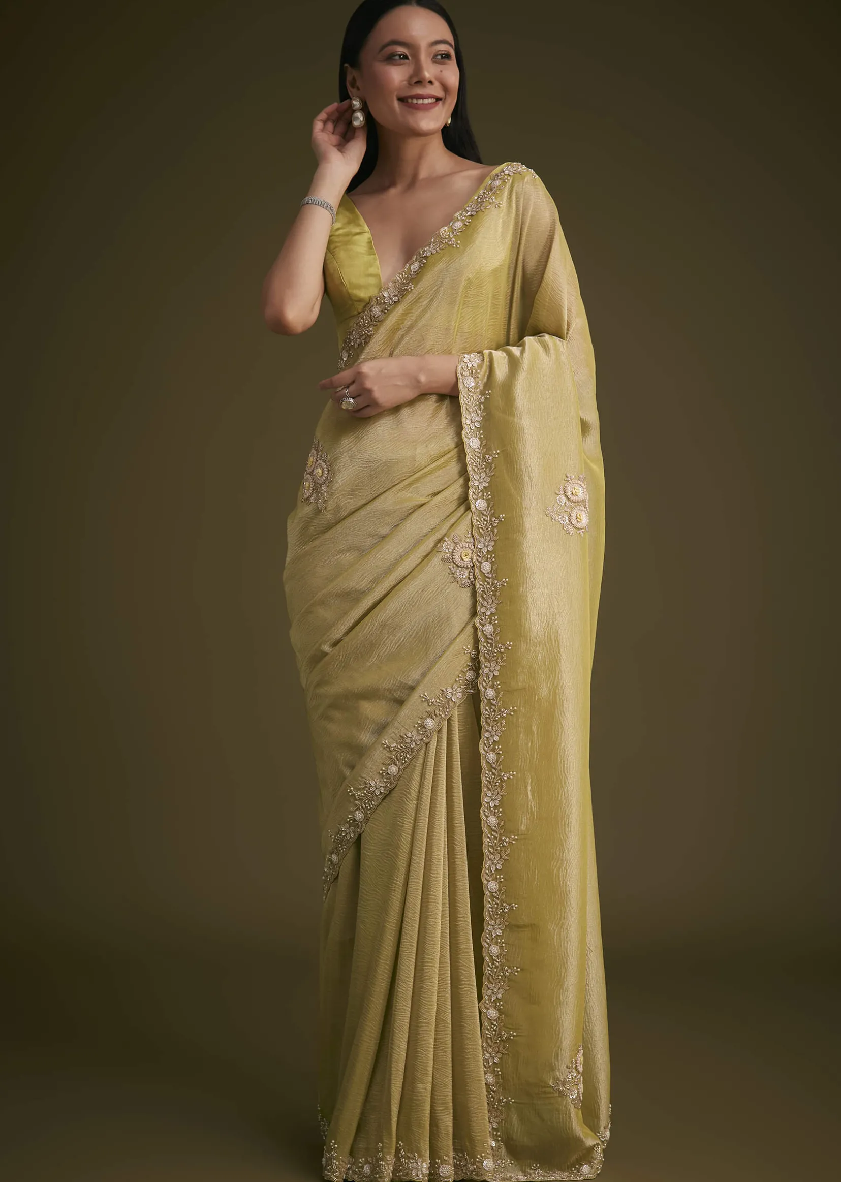 Yellow Tissue Saree With Floral Embroidery