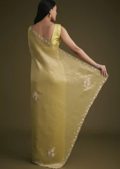 Yellow Tissue Saree With Floral Embroidery