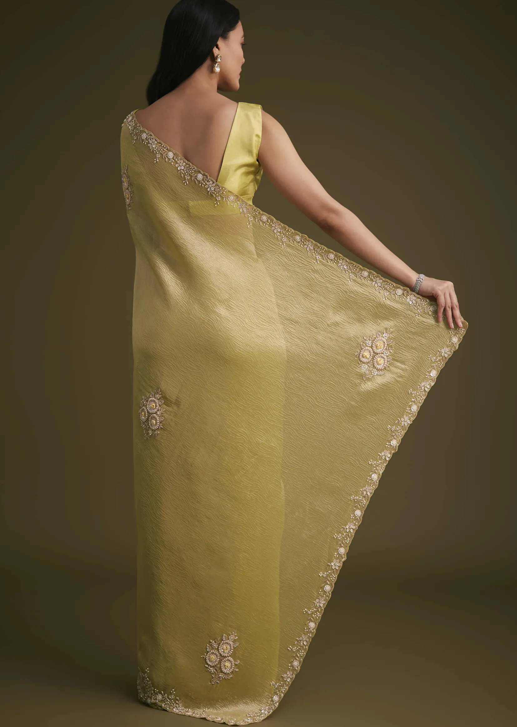 Yellow Tissue Saree With Floral Embroidery